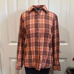 NWOT Women's Plaid Button-Up Blouse in Orange and Brown size L